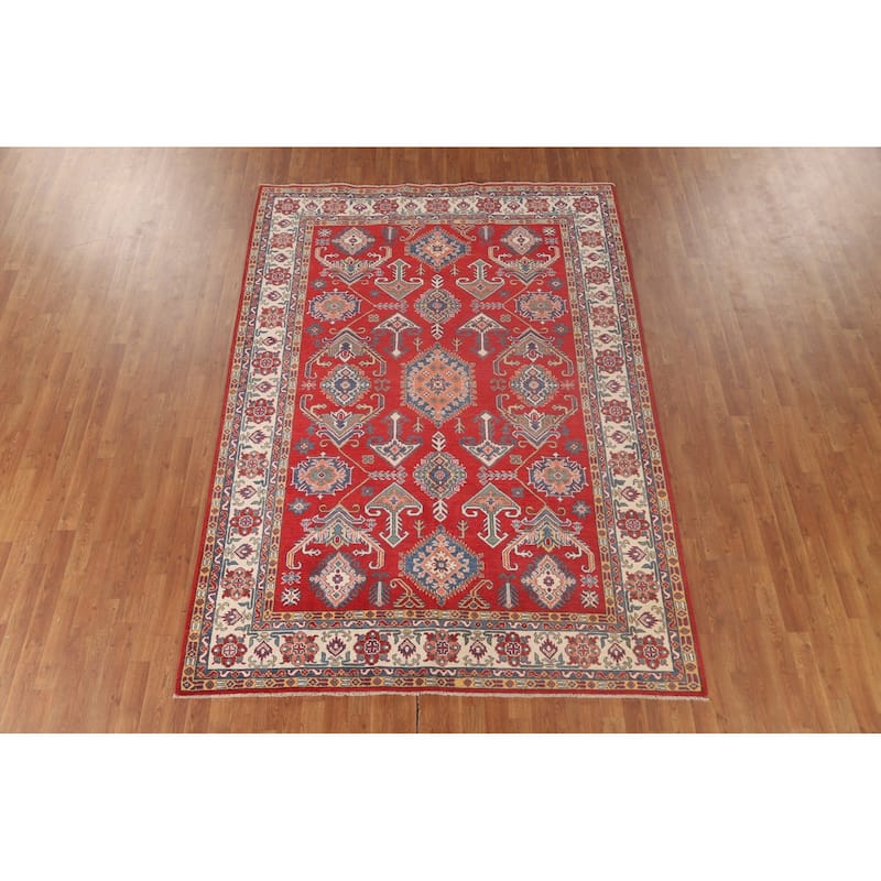 Geometric Red Kazak Rug Hand-Knotted Bedroom Wool Carpet - 6'6"x 9'2"