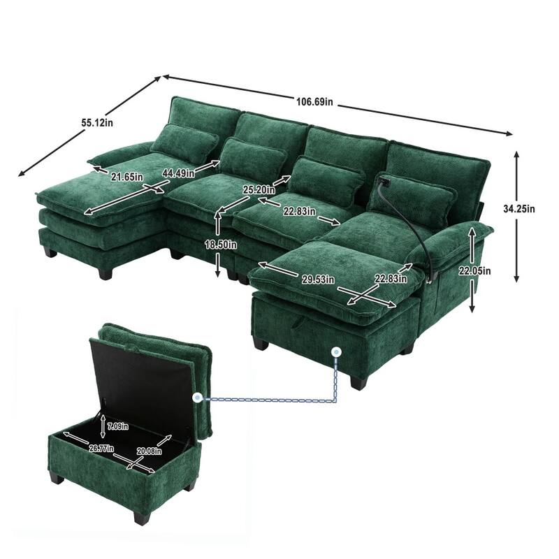 106.69" Modular U-shaped Sectional Sofa with Chaise Lounge and Ottoman, Pillows