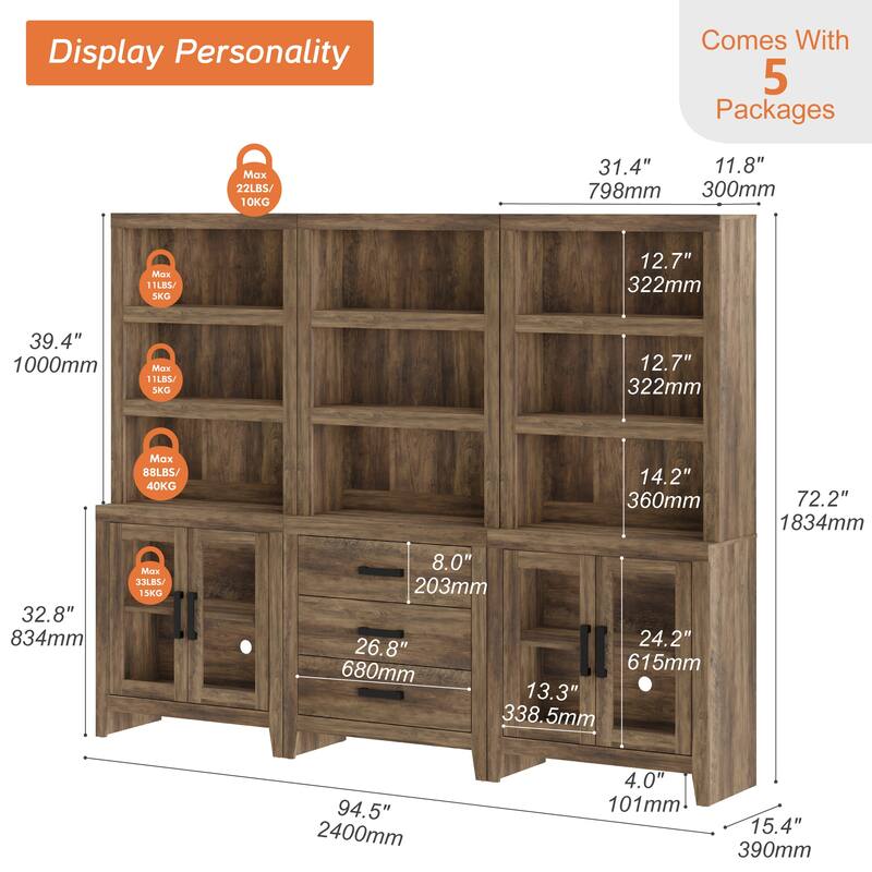 WAMPAT 74" Tall Bookshelf with Glass Doors and Drawers, Farmhouse Bookcase with Adjustable Shelves