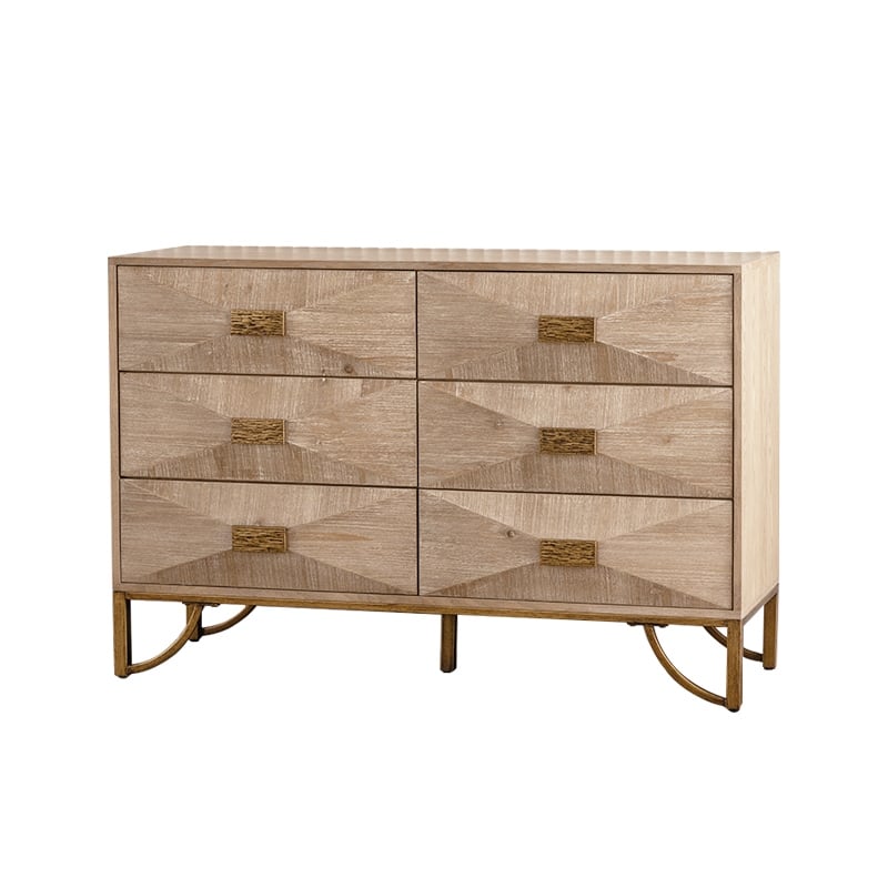 Modern Sideboard Console Table 6-Drawer Dresser for Bedroom, Natural Wood Chest of Drawers with Metal Legs
