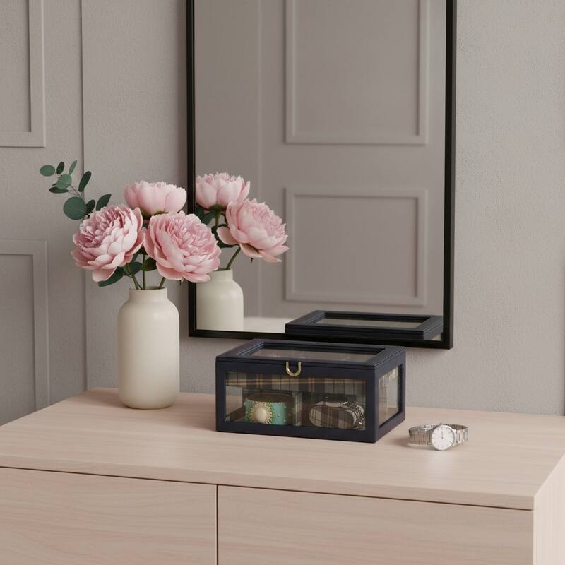 10" Blue And Clear Faux Leather And Glass Nine Section Checkered Watch Box With Metal Accents - Clear/Blue