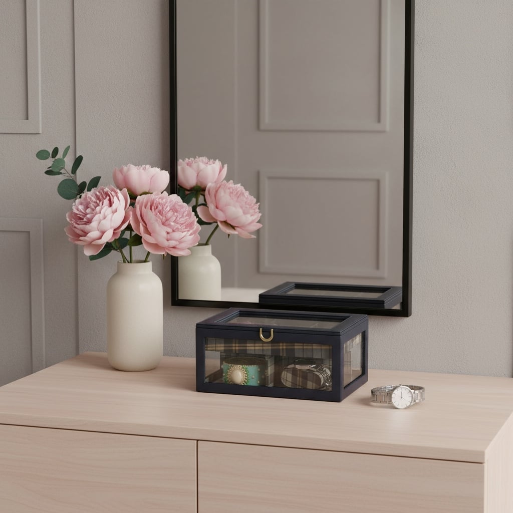 10" Blue And Clear Faux Leather And Glass Nine Section Checkered Watch Box With Metal Accents