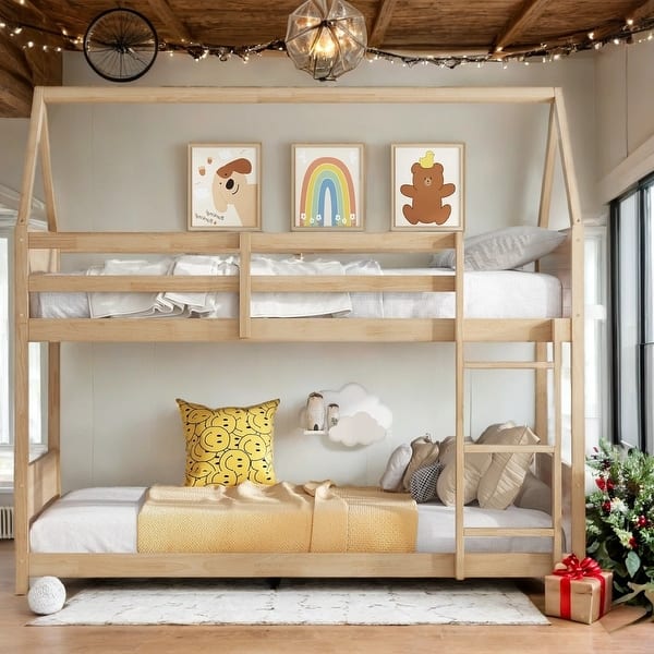 slide 2 of 17, Wooden House-shaped Bunk Bed with Headboards,Guardrails,Ladder,Twin Over Twin for Bedroom Natural