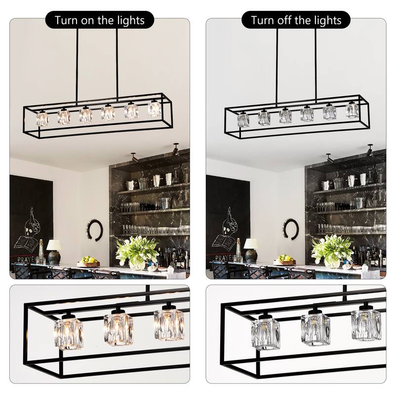 Industrial 6-Light Crystal Farmhouse Chandelier Linear Rectangular Pendant Cage Light, for Dining Room, Kitchen Island, Bar