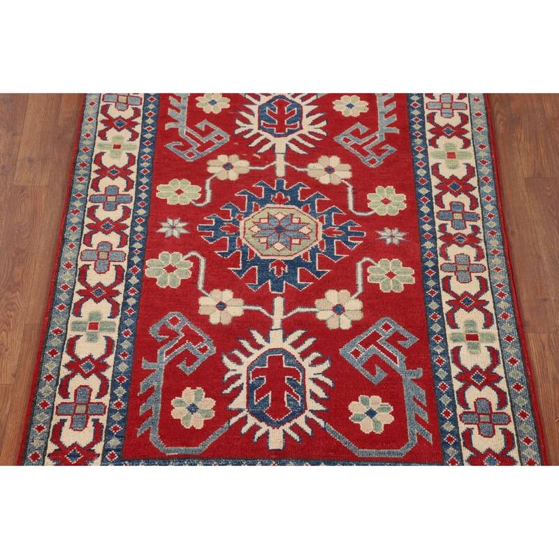 Red Geometric Kazak Accent Rug Hand-Knotted Traditional Wool Carpet - 3'5" x 4'10"