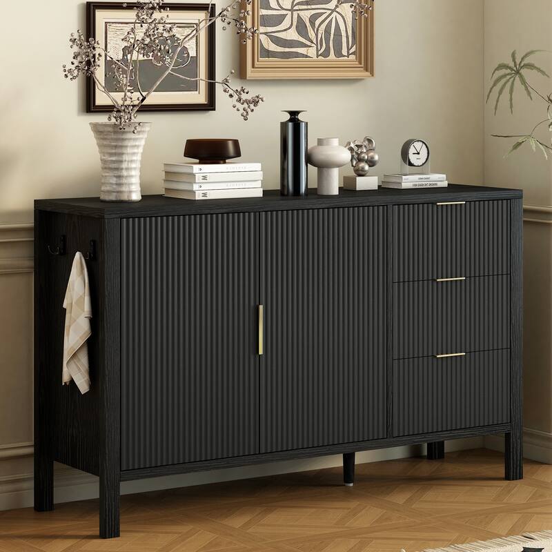 Roomfitters Sideboard Buffet Cabinet with 3 Drawers, 2 Door Mid-century Fluted Accent Storage for Kitchen & Dining