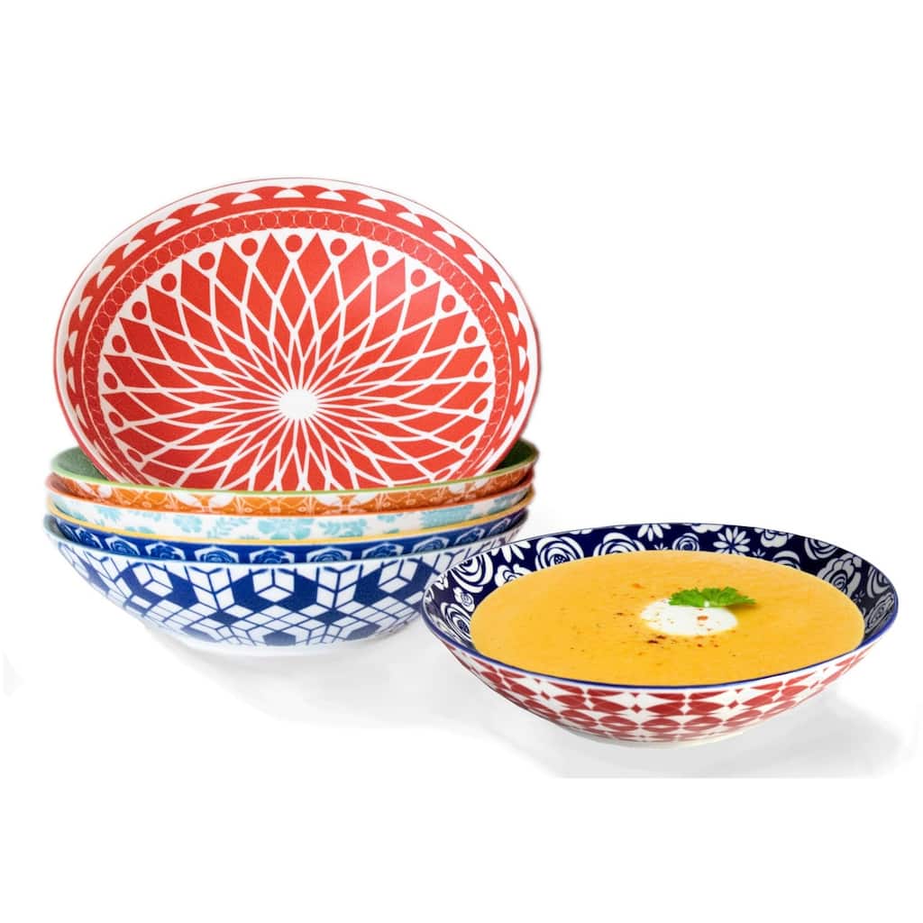42 oz Bowls Large Soup and Pasta Bowls Set of 6 Colorful Porcelain Shallow Bowl Plates for Soup, Pasta