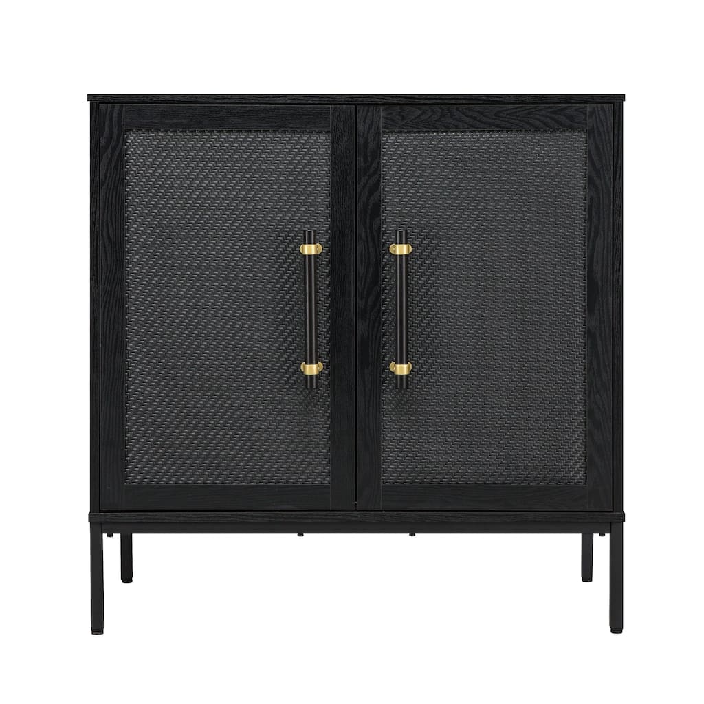 Hopper Studio Sophia Wooden 2-Door Accent Cabinet, Carbon Black with Rattan Doors, Storage for Living Room and Kitchen