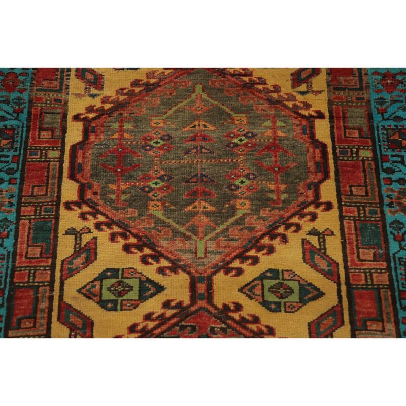 Hand Knotted Oriental 100% Wool Carpet Traditional Geometric Yellow & Gold Ardebil Runner Rug - 7' 1'' X 3' 2''