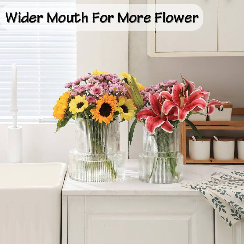 Ribbed Glass Vase, Large Glass Vase, Flower Vase, Fluted Glass Vase for Flowers, Modern Vase, Clear Glass Vase