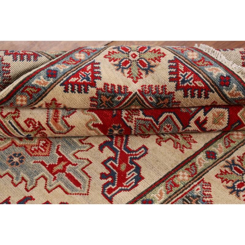 Geometric Beige Kazak Area Rug Handmade Oriental Wool Carpet - 3'11" x 5'10"