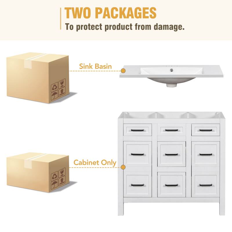 36-inch Free-standing Bathroom Vanity with Resin Undermount Sink, 4 Drawers, 2 Doors, Adjustable Storage Shelves