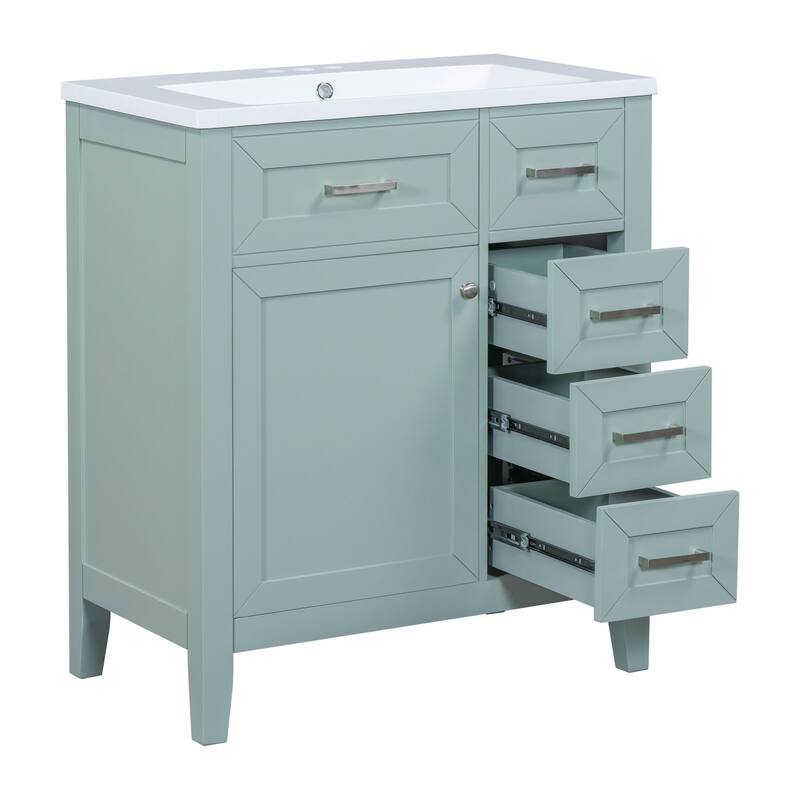 30-Inch Freestanding White Bathroom Vanity with Ceramic Sink, Storage Cabinet & Black Handles