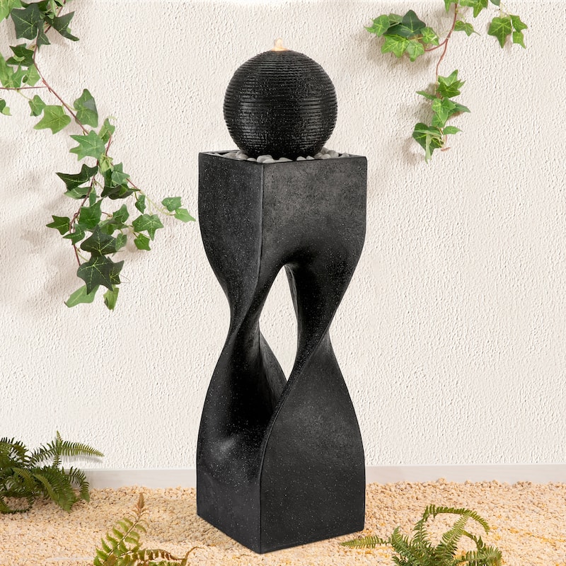 Glitzhome Modern Geometric Oversized Pedestal Sphere Polyresin Outdoor Floor Fountain with Pebbles