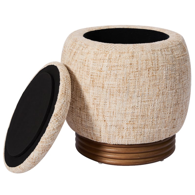 Round Storage Pouf Ottoman Footstool with Flip-top and Acacia Frame
