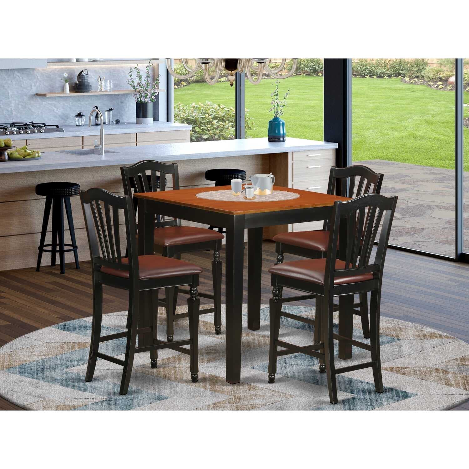 Counter Height Dining Set - 5 Piece Table & Chairs - Kitchen Set - Modern Design - Black & Cherry Finish - Black & Cherry