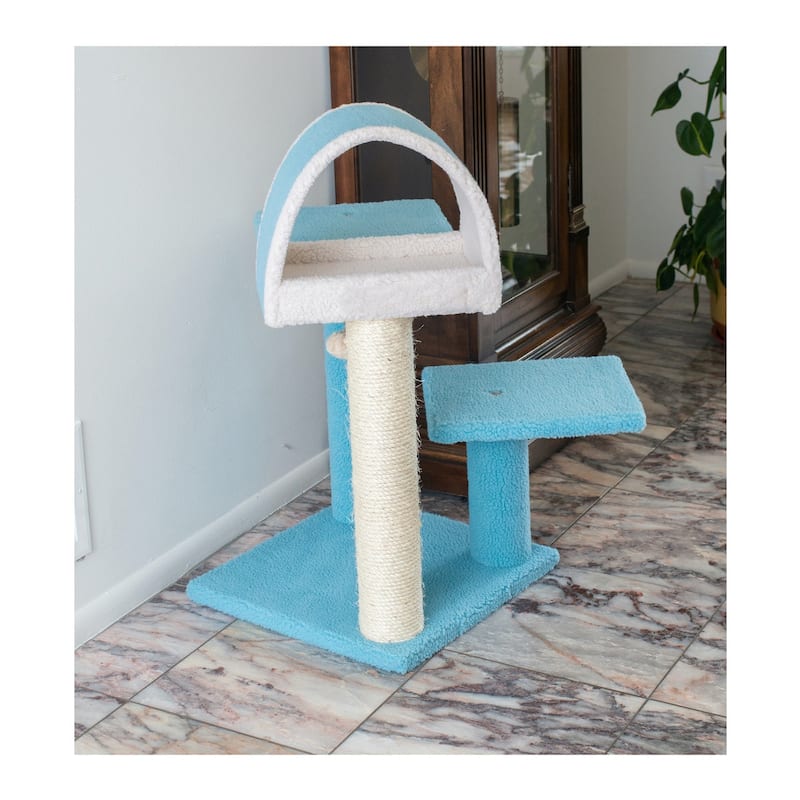 Sky Blue Real Wood Cat Tree With Scratcher And Tunnel For Squeeze