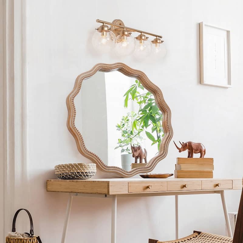 Large Decorative Wood Framed Hanging Circle Mirror - Antique Natural