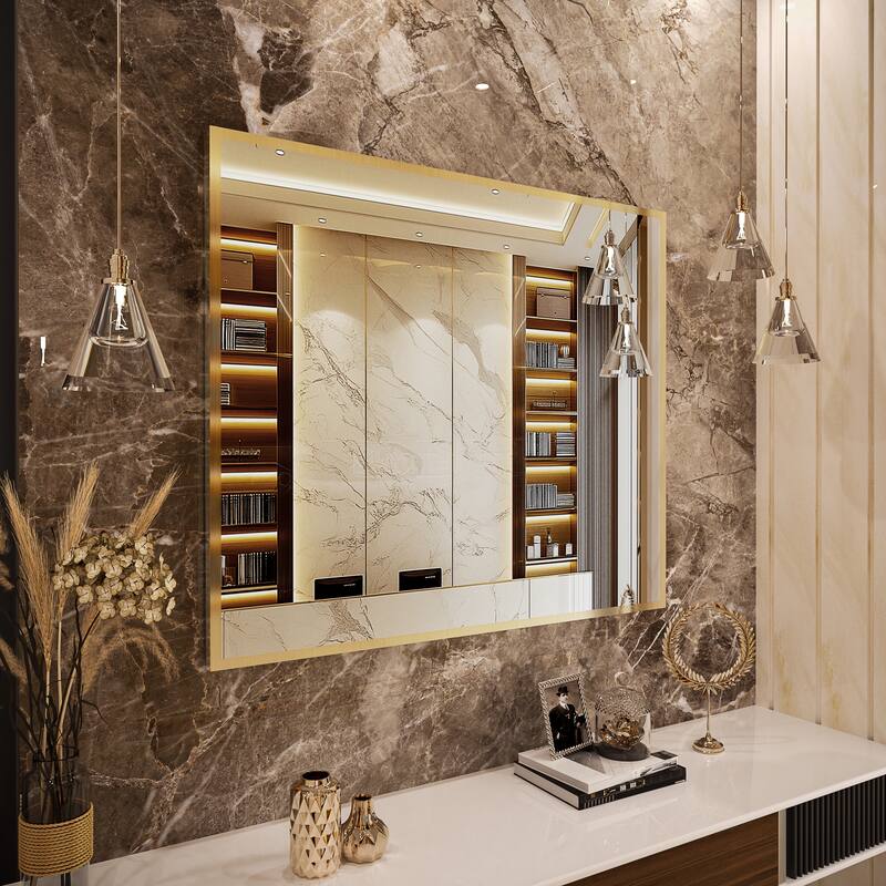 QuivaraView Wall Mounted Aluminum Frame Bathroom Vanity Mirror - 42" x 36" - Brushed Gold