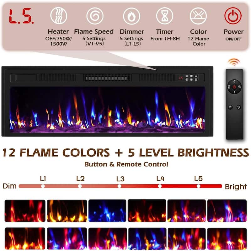 BOSSIN 80" Fireplace TV Stand with Adjustable LED Lights, Modern Entertainment Center with Glass Door Storage Cabinet, Black