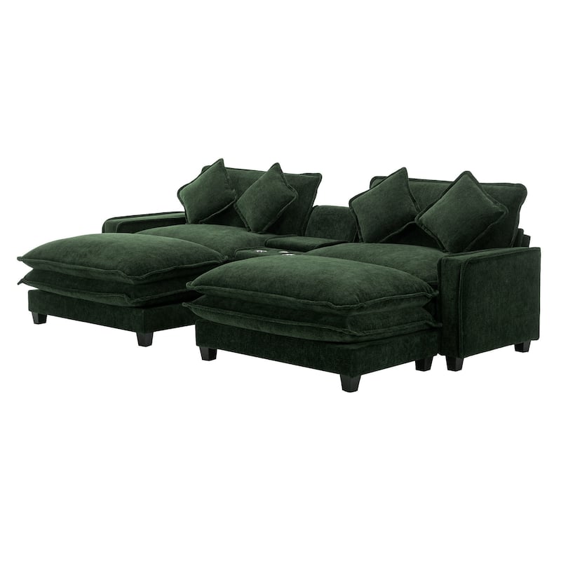 111" Chenille Sectional Sofa with 2 Ottomans, 2 USB Ports, 2 Cup Holders, Storage, Green