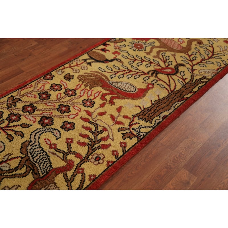 Animals Design Yellow Ziegler Indian Runner Rug Handmade Wool Carpet - 2'6"x 8'0"