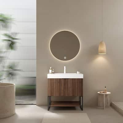 29" Retro Walnut Bathroom Vanity with Solid Surface Integrated Basin, Soft Close Drawer, and Spacious Towel Shelf