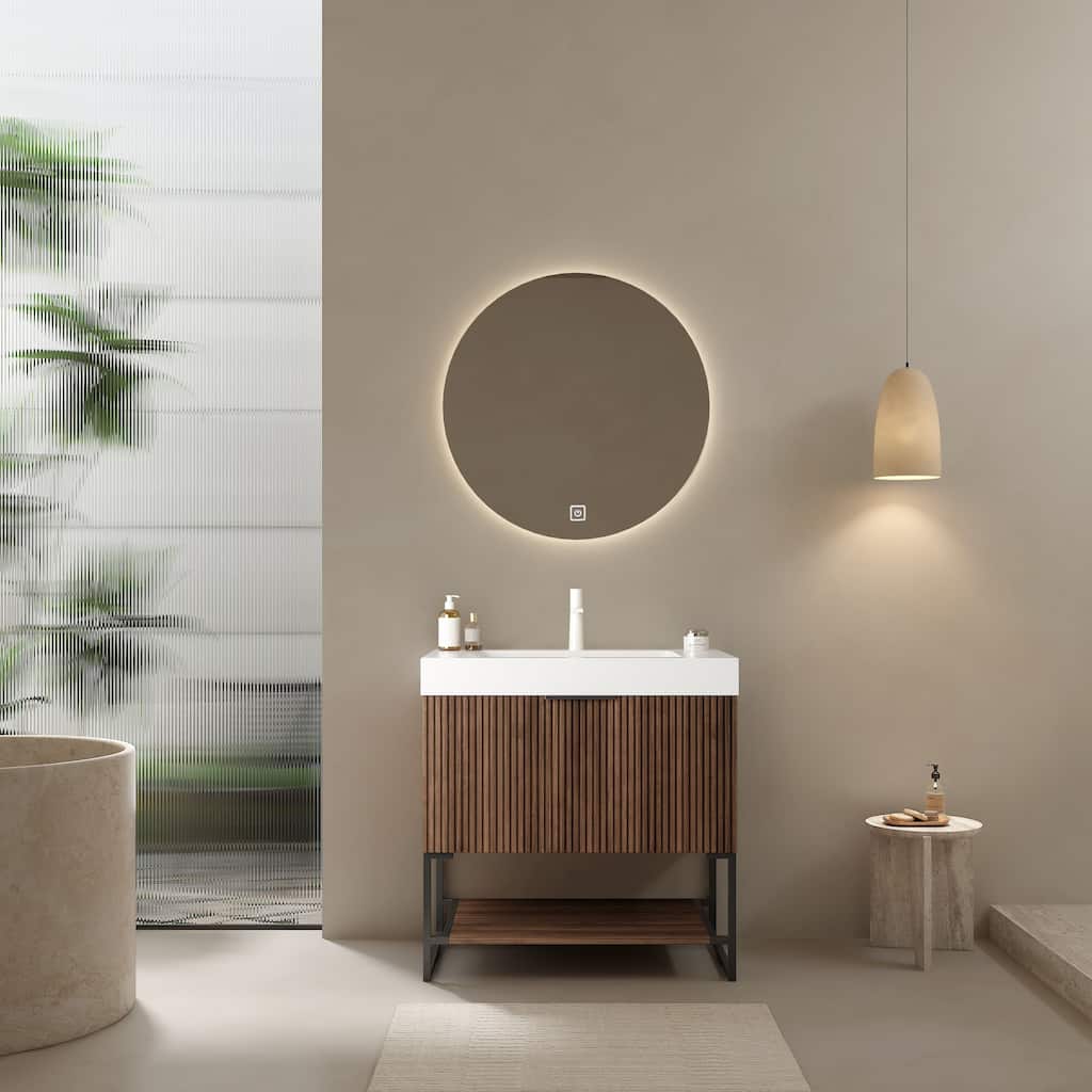 29" Retro Walnut Bathroom Vanity with Solid Surface Integrated Basin, Soft Close Drawer, and Spacious Towel Shelf