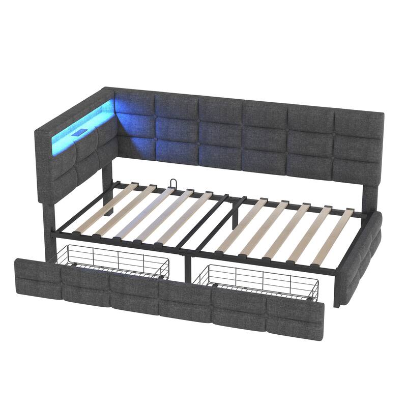 Daybed with 2 Drawers, Upholstered Daybed with Charging Station & LED Lights, Sofa Bed Frame with Storage Headboard