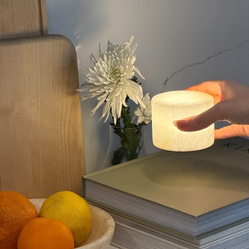 Brightech Rhea 2.3 in. LED Marbled Natural White Alabaster Stone Modern Industrial Battery Powered Bedside Nightstand Desk Lamp