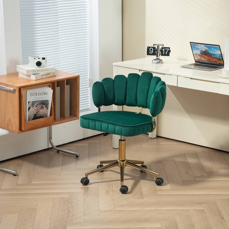 Velvet Home Office Desk Chair, Height Adjustable Task Chair, Armless Single Chair with Wheels, 360° Swivel Vanity Chair - N/A - Emerald