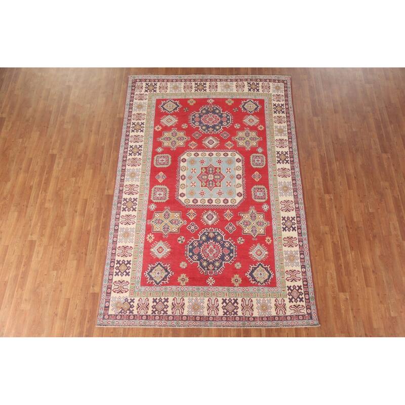 Hand Knotted Oriental 100% Wool Carpet Traditional Geometric Red Kazak Area Rug - 9' 8'' X 6' 3''