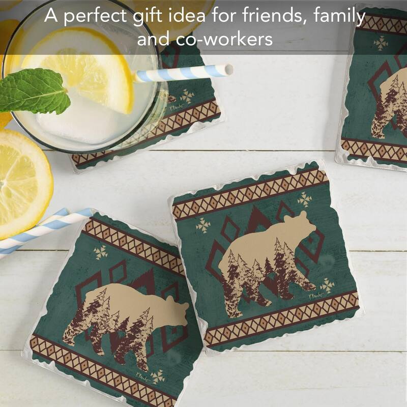 Aztec Lodge III Absorbent Stone Coasters with Protective Cork Backing 4-Pack 4" Square Made in The USA Easily Wipes Clean