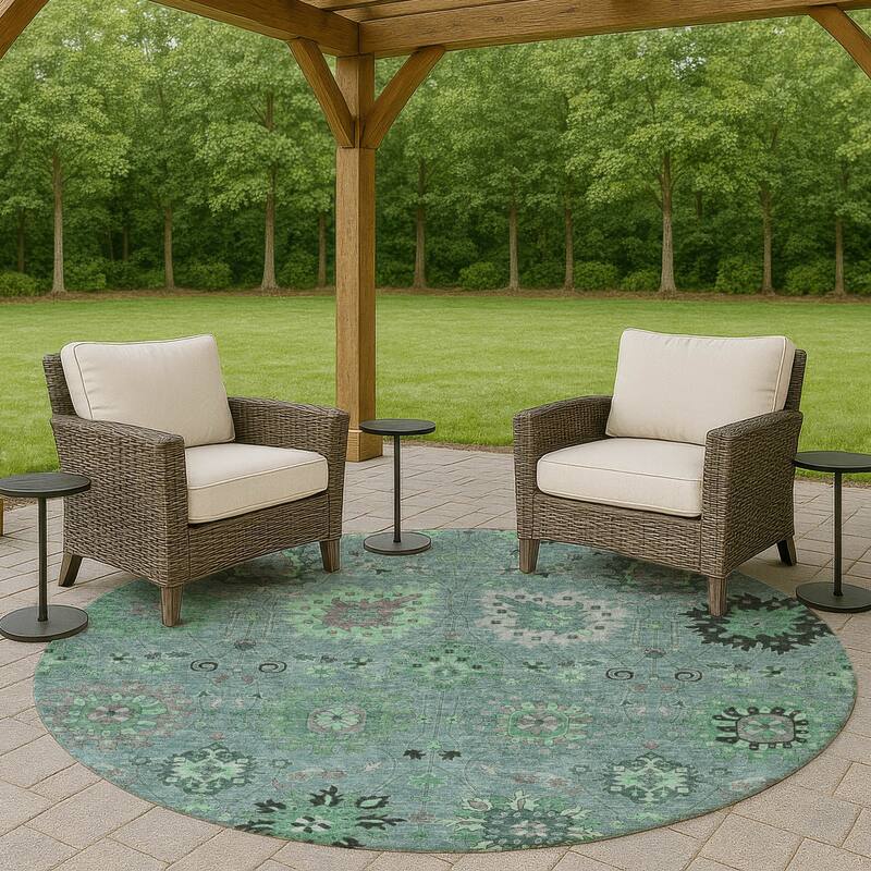 Machine Washable Indoor/ Outdoor Vintage Traditional Chantille Rug - Teal - 8' x 8'