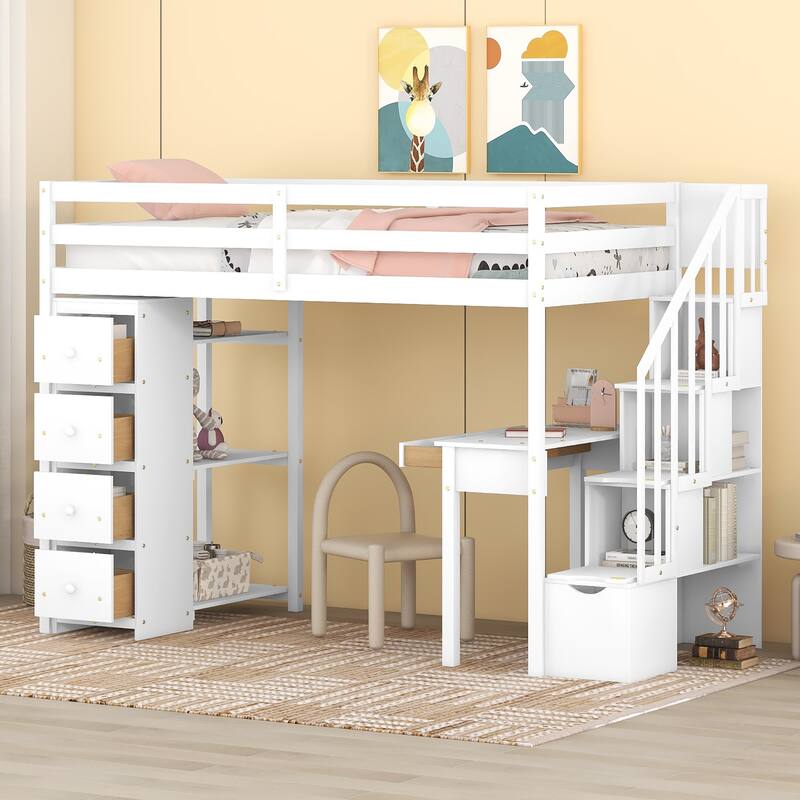 Wooden Twin Size Loft Bed with Desk,Storage Stairs,Drawers and Shelves - White - Twin