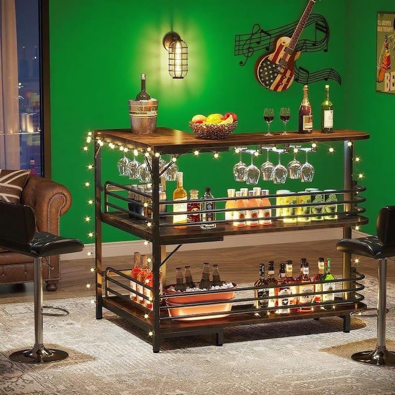 43-Inch Height Rustic Brown L-Shaped Home Bar Table with Wine Storage and Steel Frame - 47.24”L x 35.43”W x 43.31”H