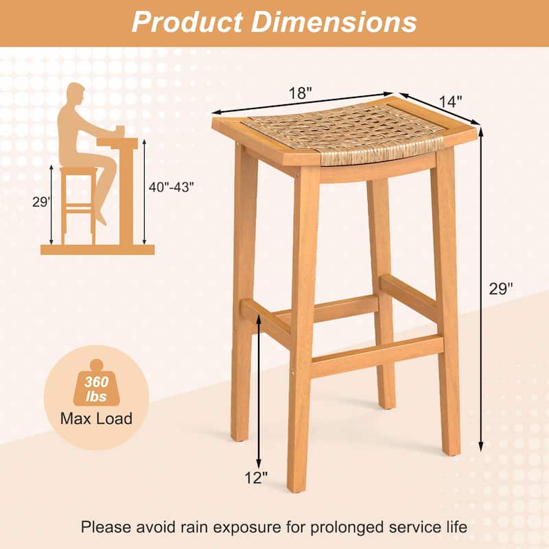 Natural Set of 2 Patio Acacia Wood Bar Stools with PE Rattan Saddle Seat for Deck or Balcony - Stool: 14" x 18" x 29"