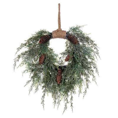 Vickerman 18" Artificial Snow Cedar Hanging Wreath with Pinecones