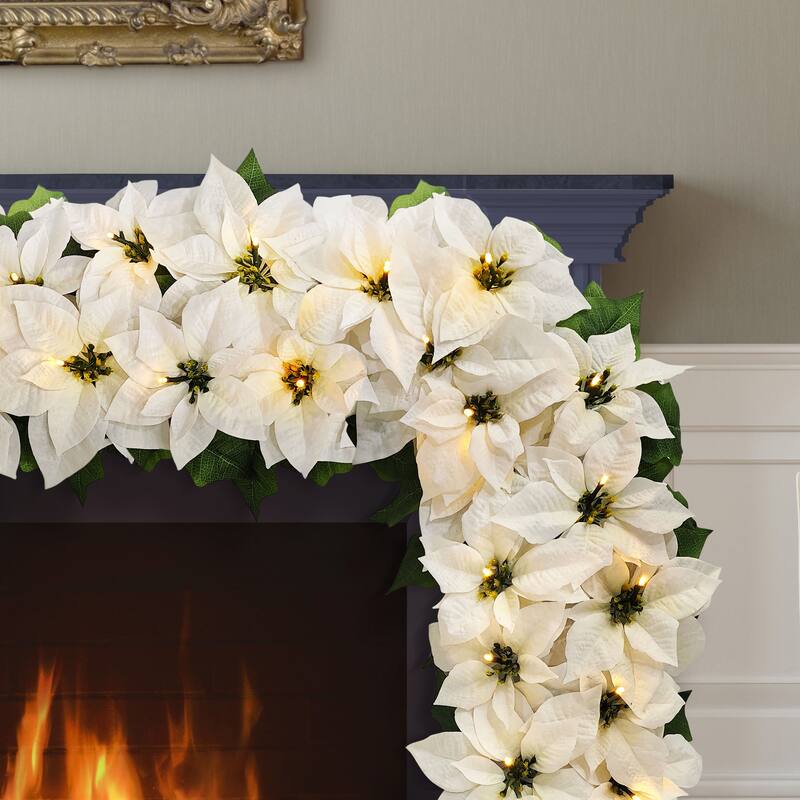 Puleo International 6' x 12" Pre-Lit Battery-Operated Artificial White Poinsettia Garland