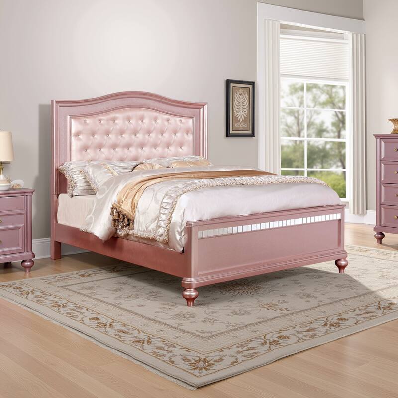 Twin Size Wooden Bed With Mirror Trim Details and Camelback Headboard, Pink