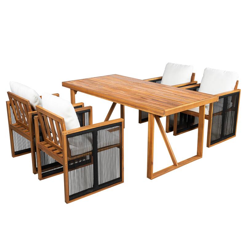 Christopher Knight Home - Modern Outdoor Acacia Wood Dining Set with Cushions and Handwoven Rope Chairs