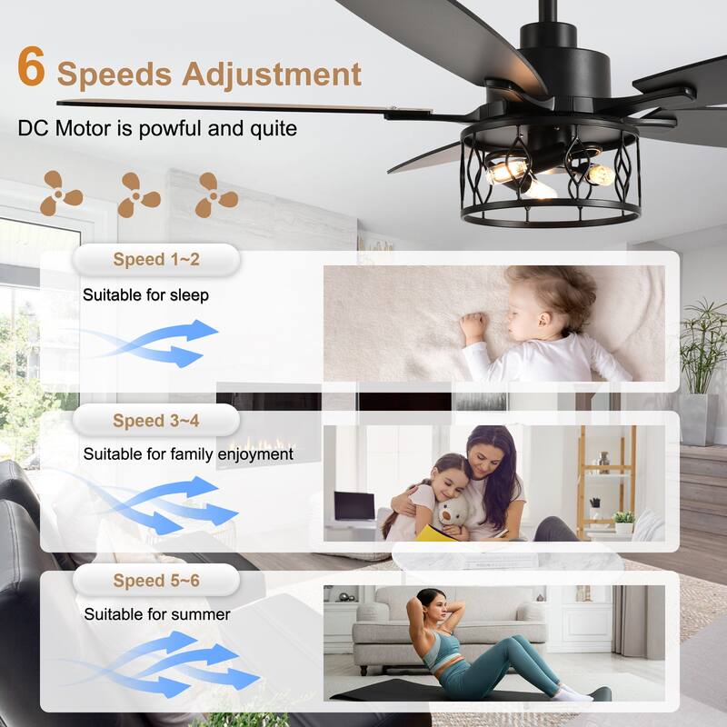 Bella Depot 52" Modern Gold Ceiling Fan with Light and Remote 6-Speed Large Caged Ceiling Fan