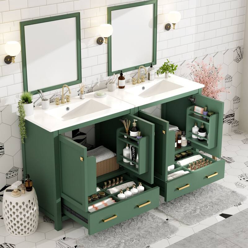 60 Inch Bathroom Vanity with Double Ceramic Sinks, 4 Doors, 2 Drawers, and Divided Storage - Freestanding Design