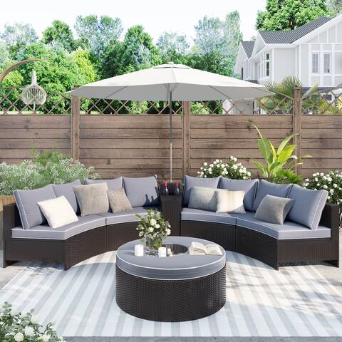 Nestfair Half-Moon Brown Wicker Outdoor Sectional Set with Gary Cushions