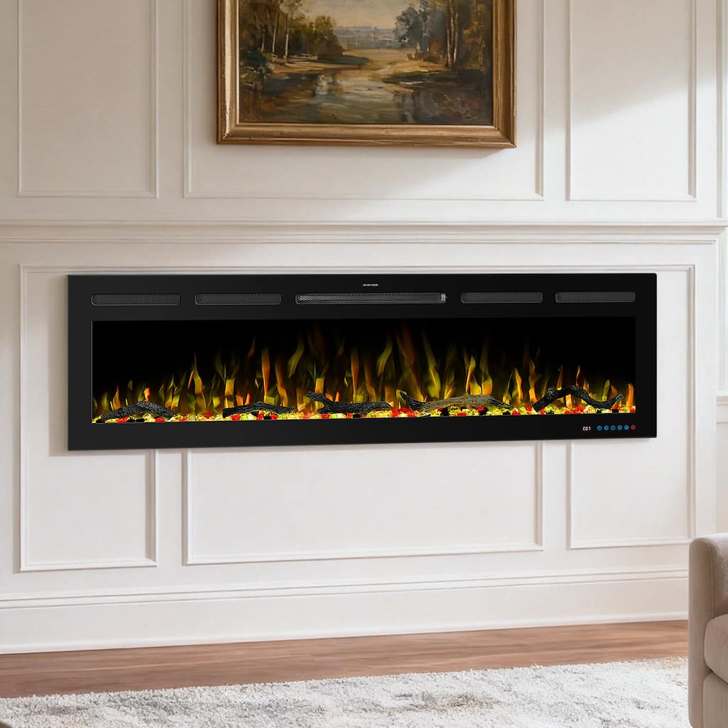 60" Modern Black 5120 BTU Heater Recessed Wall Mounted Smart Electric Fireplace with Remote & App Control, 13-Color Flame