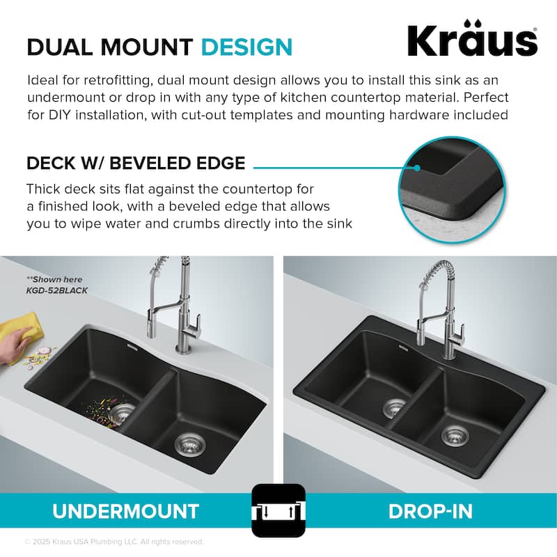 KRAUS Forteza Granite 33 inch 50/50 Undermount Drop-in Kitchen Sink