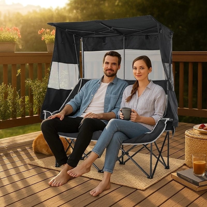 Double Folding Camping Loveseat with Canopy, Cooler, Cup Holders & Storage for Outdoor Activities