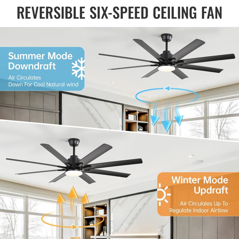 52 Inch/66 Inch/72 Inch Modern Ceiling Fan with Dimmable LED Light ,Remote&APP Control,8 Blades for Large Living Room,Porch