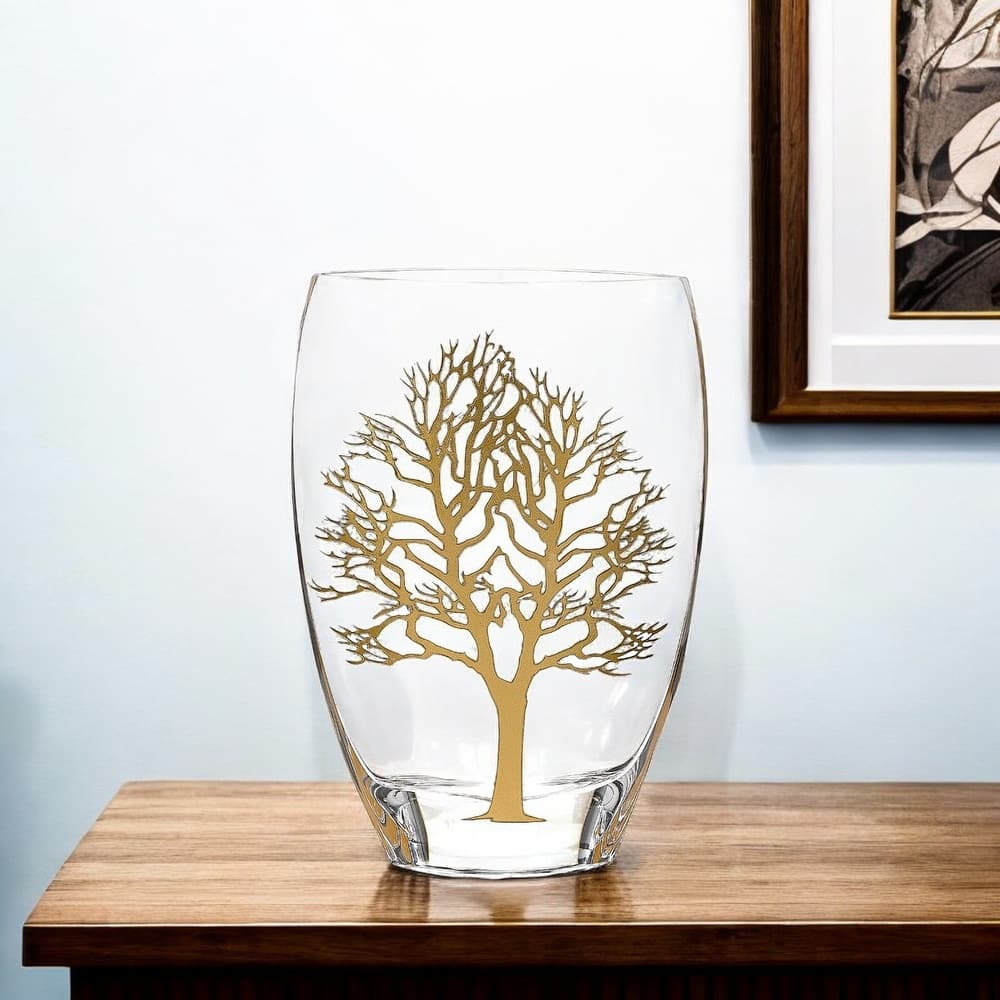 HomeRoots 12" Clear And Gold Tree Of Life Oval Lead Free Crystal Table Vase