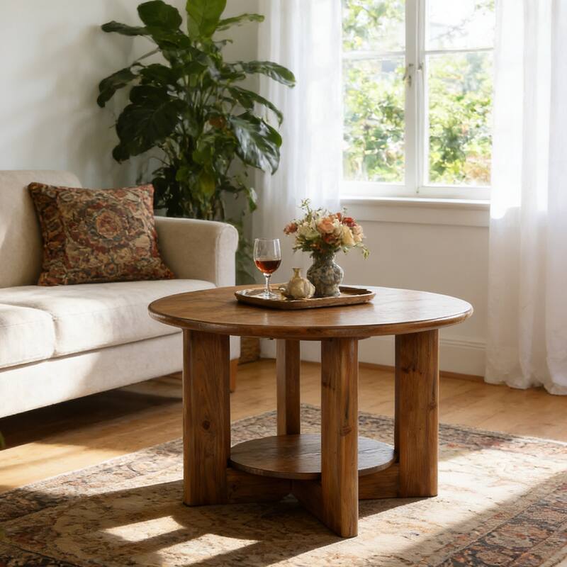 31.5" Solid Wood Round Coffee Table with 2-Tier Storage